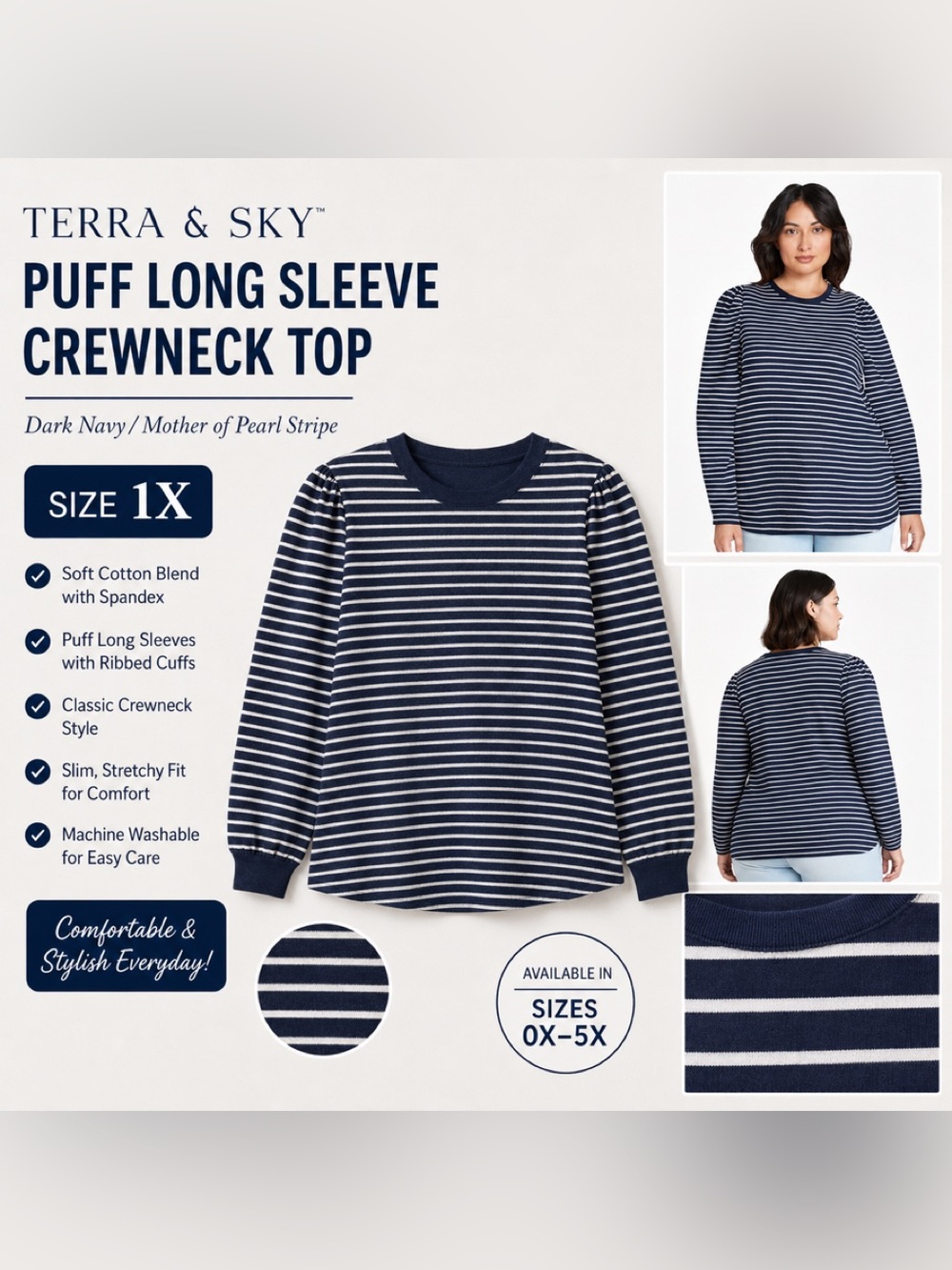 NWT Terra & Sky Puff Long Sleeve Crew Neck Top